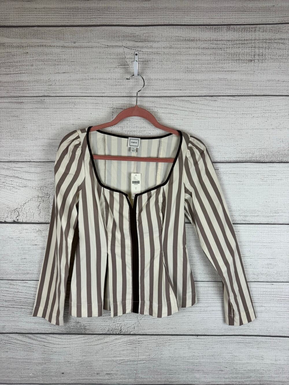 Anthropologie Maeve Women's Cream & Brown Striped Long Sleeve Blouse Size Small
